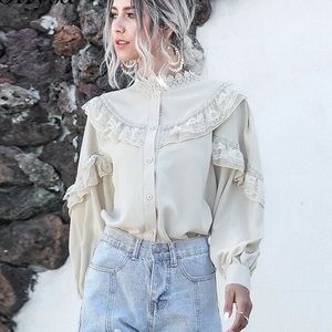 Lace blouse shirt soft khaki button top collar long sleeve